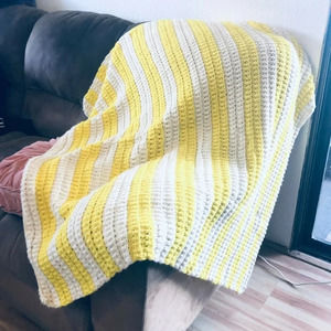 Handmade Yellow White Crochet Rectangle Throw Afghan  47 inches x 47 inches